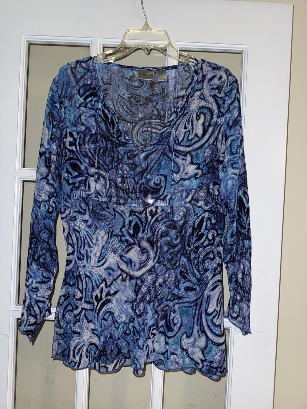 Chico’s women’s blue 100% silk sheer blouse tie front Long Sleeve Tunic Size 1